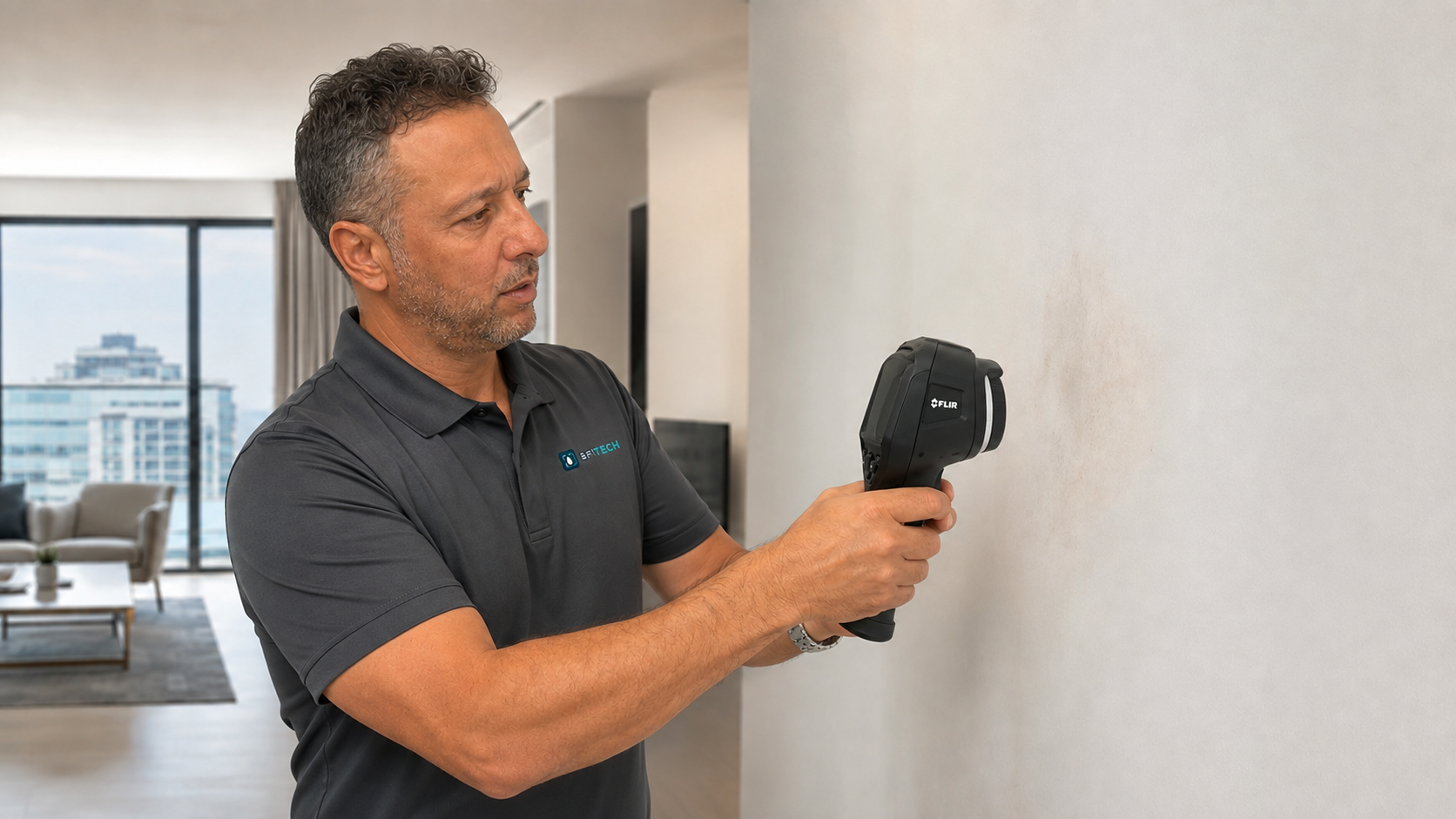 אפי מבעלי EFITECH סורק קיר בסלון באמצעות מצלמה תרמית לאיתור רטיבות